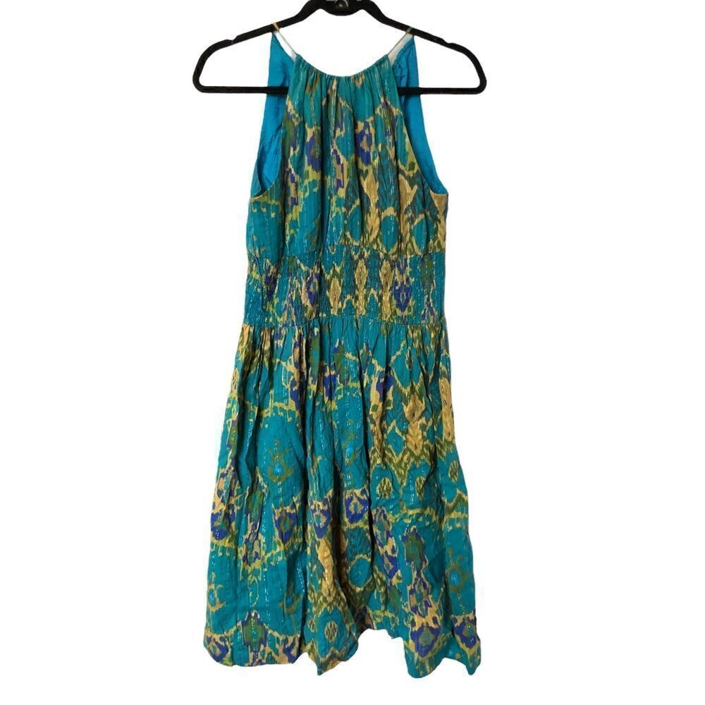 Maggie London Midi Dress Size 8 Turquoise and gold string sleeveless, strappy